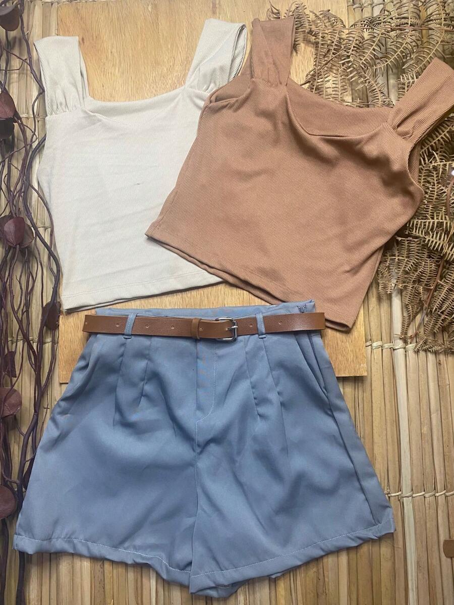 kit  Feminino 4 itens: 2 Croppeds Canelados + Cinto+ Short em Alfaiataria Com  Bolsos