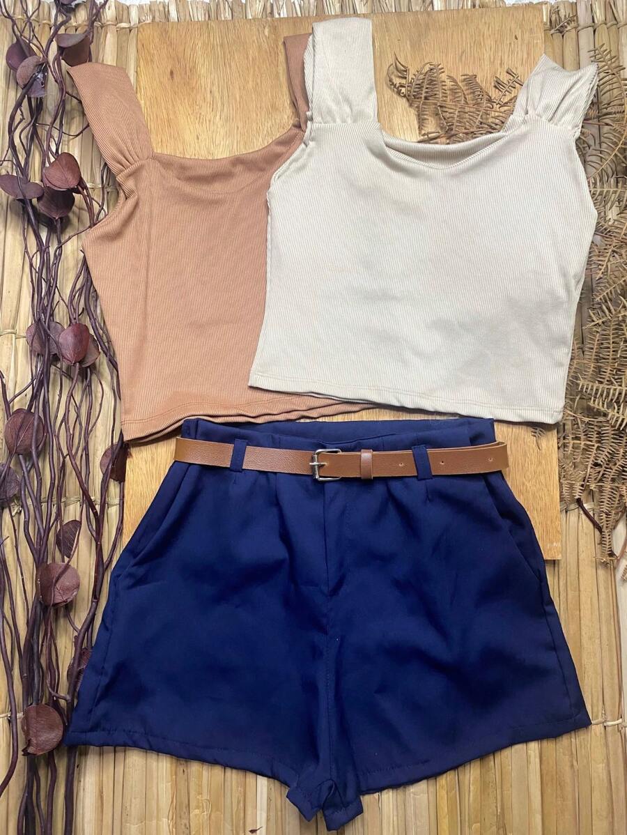 kit  Feminino 4 itens: 2 Croppeds Canelados + Cinto+ Short em Alfaiataria Com  Bolsos